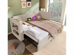 OKWISH Sofá cama nido de 90 x 200 cm, lino , con cargador USB, portavasos y estante de almacenamiento (sin colchón)