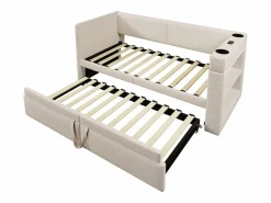 OKWISH Sofá cama nido de 90 x 200 cm, lino , con cargador USB, portavasos y estante de almacenamiento (sin colchón)