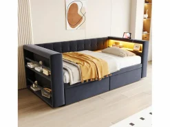 Clearance Sofá cama tapizado - 90 x 190 cm - con LED + enchufe + 2 cajones + estante - Franela - oscuro Cama Diván