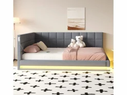 Discount ModernLuxe Sofá cama tapizado 160x200 cm - con banda luminosa LED - con toma USB - tejido de terciopelo - Gris