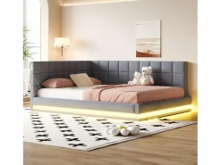 Discount ModernLuxe Sofá cama tapizado 160x200 cm - con banda luminosa LED - con toma USB - tejido de terciopelo - Gris