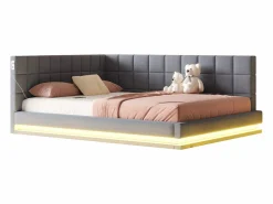Discount ModernLuxe Sofá cama tapizado 160x200 cm - con banda luminosa LED - con toma USB - tejido de terciopelo - Gris