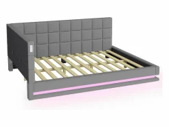 Discount ModernLuxe Sofá cama tapizado 160x200 cm - con banda luminosa LED - con toma USB - tejido de terciopelo - Gris