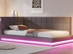 Outlet Sofá cama tapizado 90x200 cm - con banda luminosa LED - con toma USB - tejido de terciopelo - Cama Diván