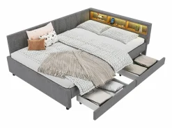 ModernLuxe Sofá cama 140x200 cm - con 2 cajones - con puertos USB + Type C - con luz LED - (colchón no incluido)
