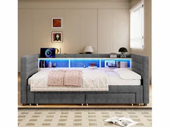 ModernLuxe Sofá cama 90x190 cm - con cama nido - con puertos USB + Type-C - con 2 cajones - banda luminosa LED - (colchón no incluido)