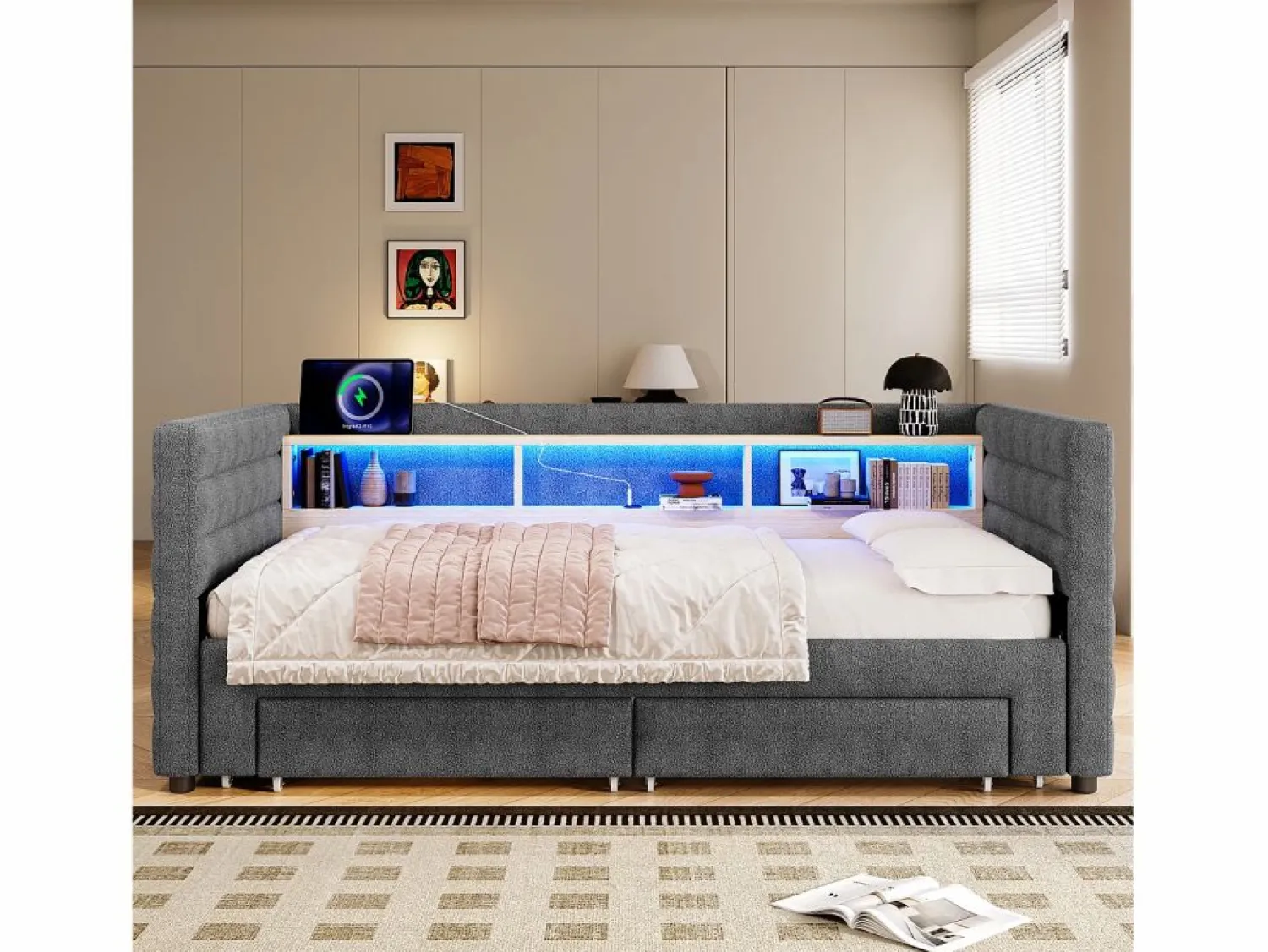 ModernLuxe Sofá cama 90x190 cm - con cama nido - con puertos USB + Type-C - con 2 cajones - banda luminosa LED - (colchón no incluido)