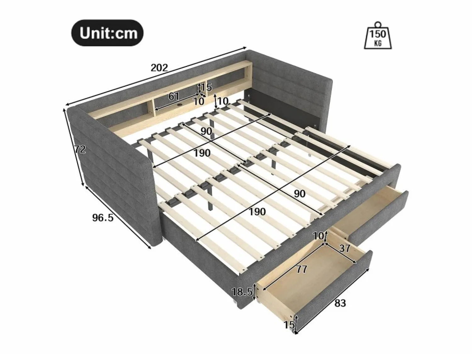 ModernLuxe Sofá cama 90x190 cm - con cama nido - con puertos USB + Type-C - con 2 cajones - banda luminosa LED - (colchón no incluido)