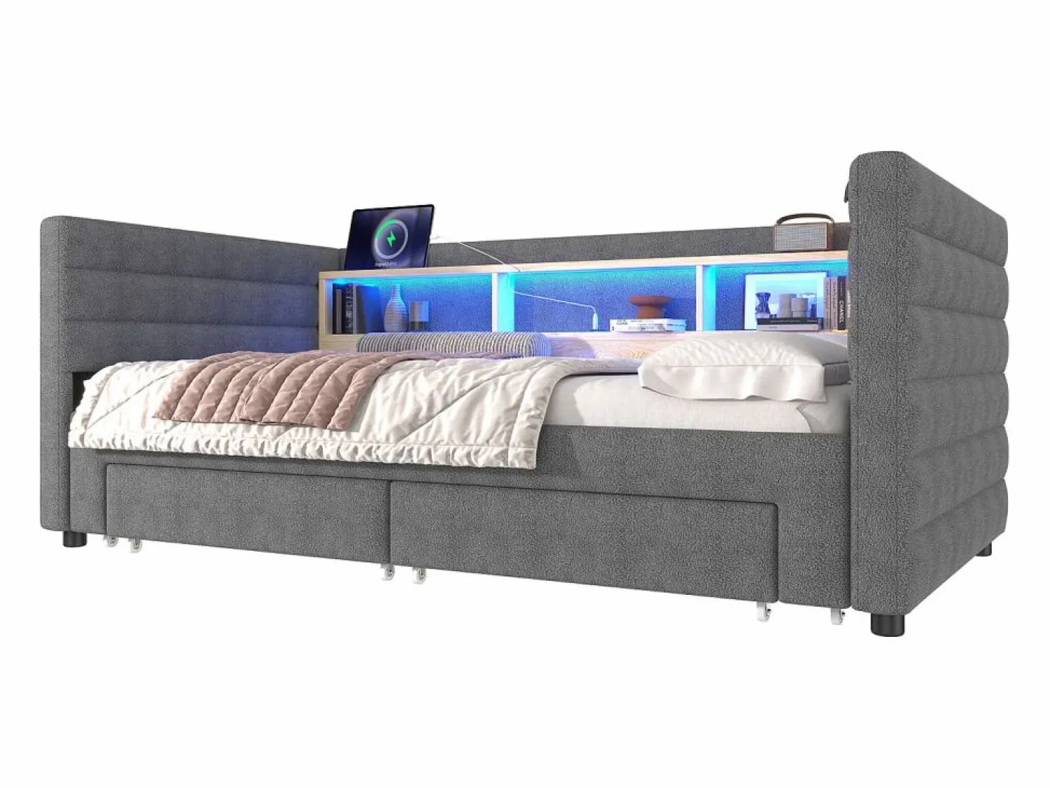 ModernLuxe Sofá cama 90x190 cm - con cama nido - con puertos USB + Type-C - con 2 cajones - banda luminosa LED - (colchón no incluido)