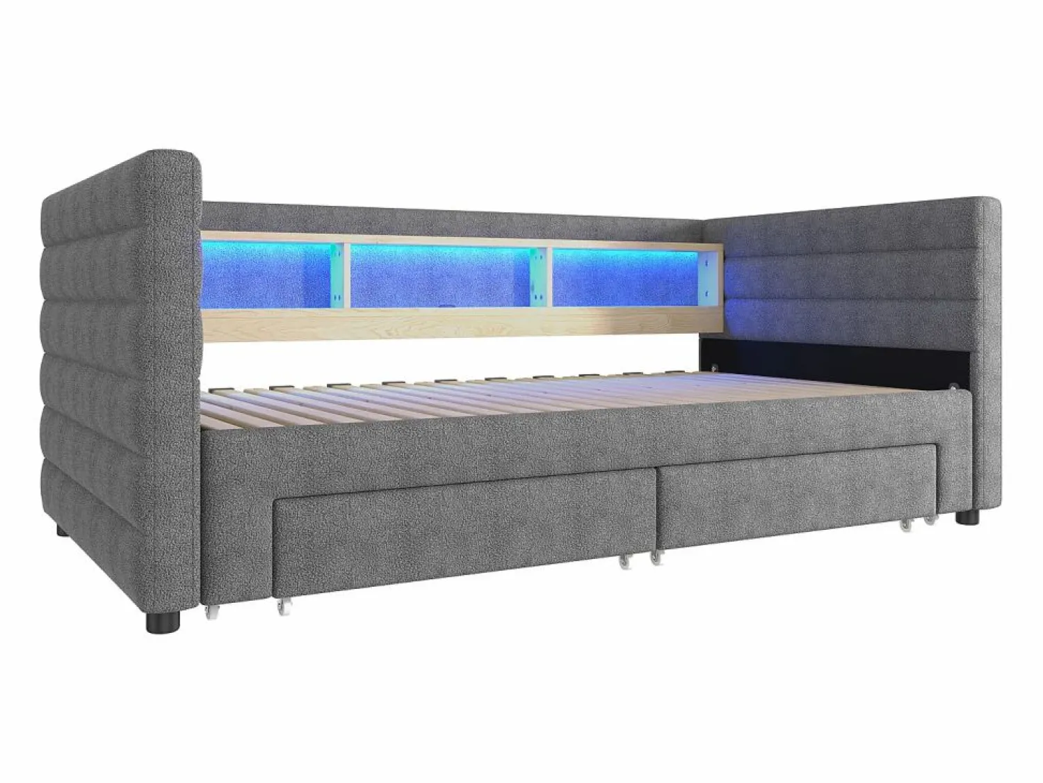 ModernLuxe Sofá cama 90x190 cm - con cama nido - con puertos USB + Type-C - con 2 cajones - banda luminosa LED - (colchón no incluido)