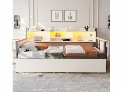 Online ModernLuxe Sofá cama 90x200 cm - con iluminación LED - con 2 cajones - toma de corriente - escritorio plegable - (colchón no incluido) Blanco