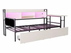 Online ModernLuxe Sofá cama 90x200 cm - con iluminación LED - con 2 cajones - toma de corriente - escritorio plegable - (colchón no incluido) Blanco
