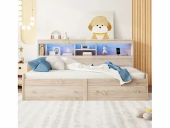 Hot Sofá cama 90x200 cm - con toma USB y 2 cajones - somier de láminas - Natural Cama Diván