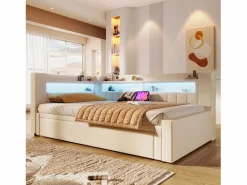 ModernLuxe Sofá cama 90x200 cm (180 x 200 cm) - con cama nido - con USB + Type-C - con iluminación LED - ​ (colchón no incluido)