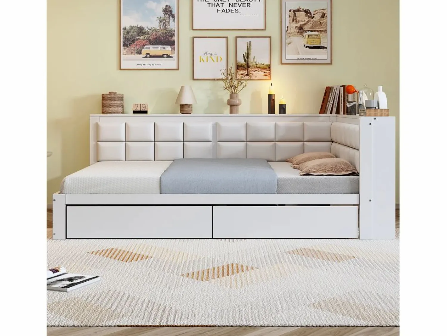 Outlet sofá cama 140x200 cm con 2 cajones de almacenamiento y somier de láminas, blanca - sin colchón Cama Diván