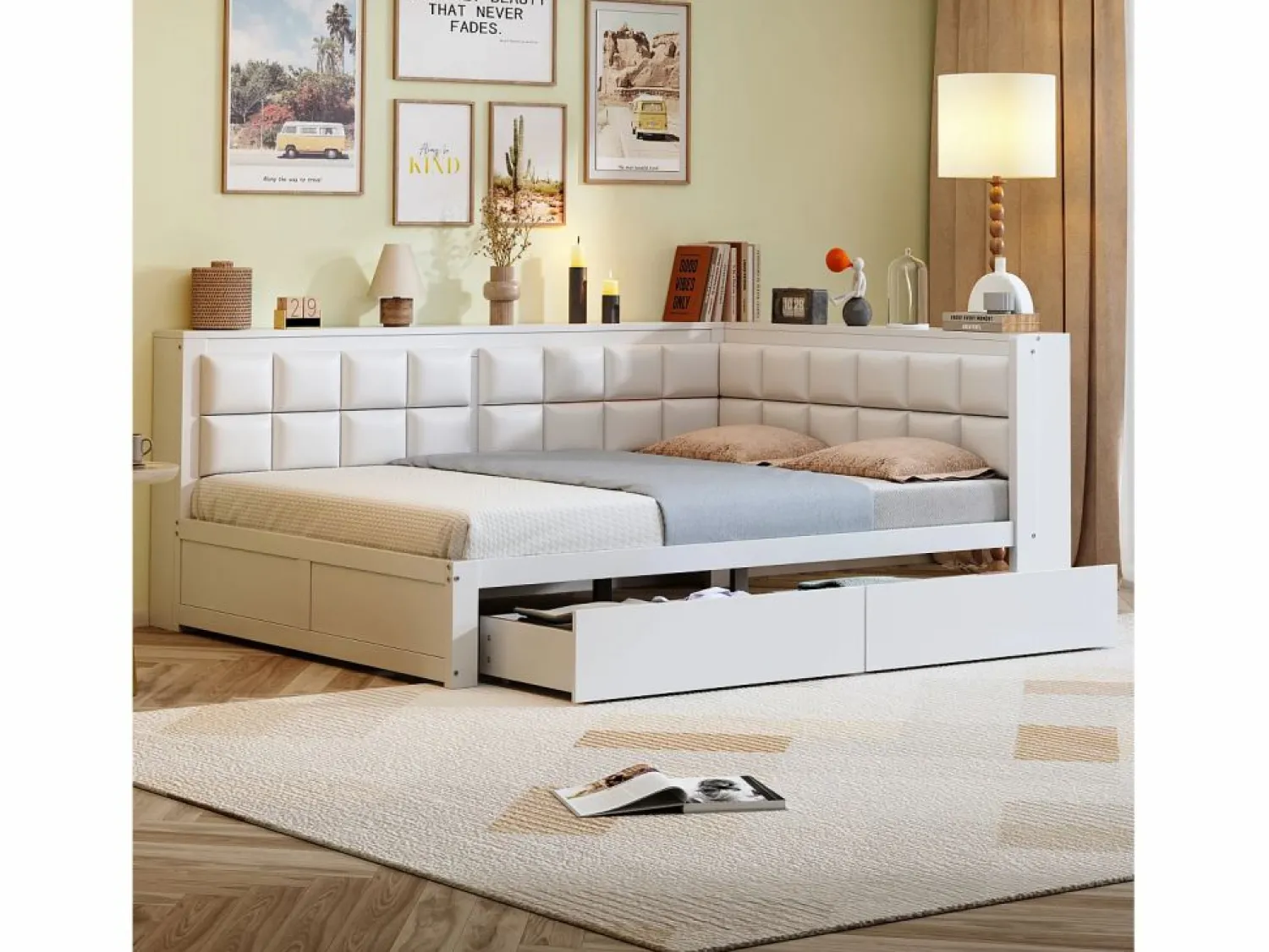 Outlet sofá cama 140x200 cm con 2 cajones de almacenamiento y somier de láminas, blanca - sin colchón Cama Diván