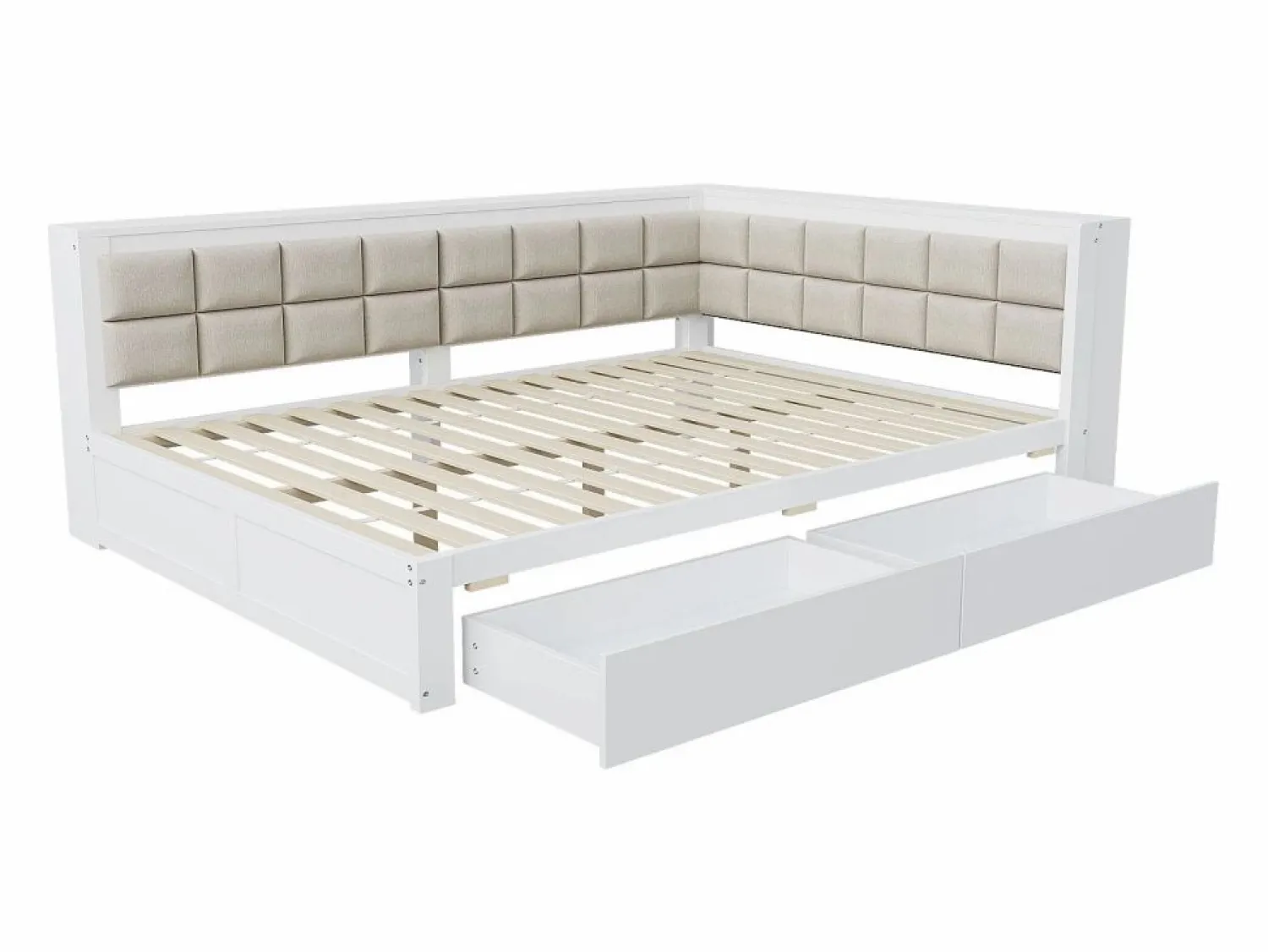 Outlet sofá cama 140x200 cm con 2 cajones de almacenamiento y somier de láminas, blanca - sin colchón Cama Diván