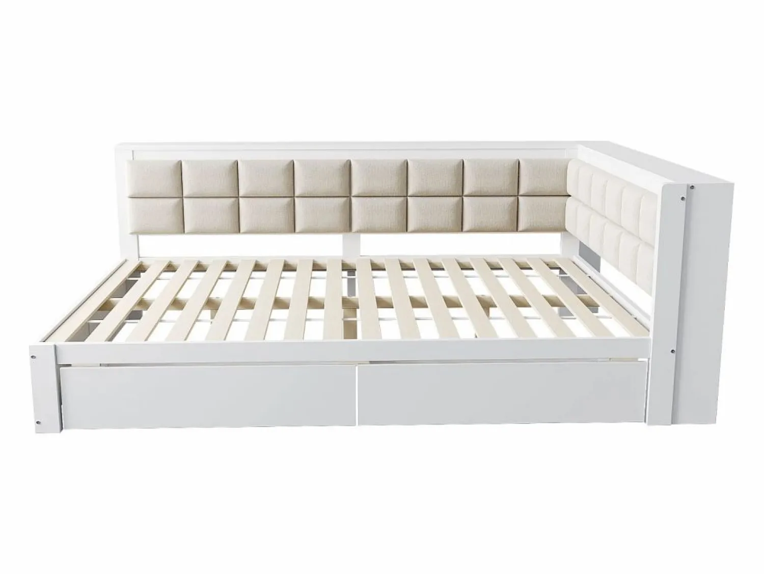 Outlet sofá cama 140x200 cm con 2 cajones de almacenamiento y somier de láminas, blanca - sin colchón Cama Diván