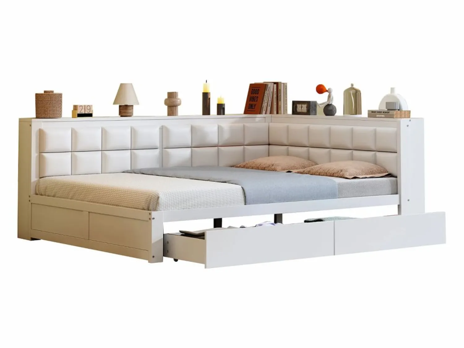 Outlet sofá cama 140x200 cm con 2 cajones de almacenamiento y somier de láminas, blanca - sin colchón Cama Diván