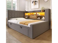 Clearance Sofá cama 90x200cm - con cama nido - con iluminación LED y espacio de almacenamiento - con USB - tejido de lino - ​ (colchón no incluido) Cama Diván|Cama Con Almacenaje