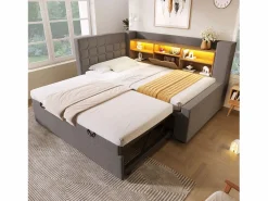 Clearance Sofá cama 90x200cm - con cama nido - con iluminación LED y espacio de almacenamiento - con USB - tejido de lino - ​ (colchón no incluido) Cama Diván|Cama Con Almacenaje