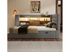 Clearance Sofá cama 90x200cm - con cama nido - con iluminación LED y espacio de almacenamiento - con USB - tejido de lino - ​ (colchón no incluido) Cama Diván|Cama Con Almacenaje