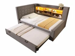Clearance Sofá cama 90x200cm - con cama nido - con iluminación LED y espacio de almacenamiento - con USB - tejido de lino - ​ (colchón no incluido) Cama Diván|Cama Con Almacenaje