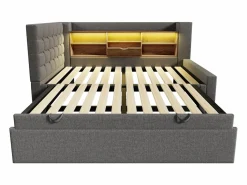 Clearance Sofá cama 90x200cm - con cama nido - con iluminación LED y espacio de almacenamiento - con USB - tejido de lino - ​ (colchón no incluido) Cama Diván|Cama Con Almacenaje