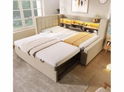 ModernLuxe Sofá cama 90x200cm - con cama nido - con iluminación LED y espacio de almacenamiento - con USB - tejido de lino - ​ (colchón no incluido)