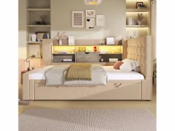 ModernLuxe Sofá cama 90x200cm - con cama nido - con iluminación LED y espacio de almacenamiento - con USB - tejido de lino - ​ (colchón no incluido)