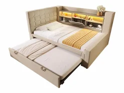 ModernLuxe Sofá cama 90x200cm - con cama nido - con iluminación LED y espacio de almacenamiento - con USB - tejido de lino - ​ (colchón no incluido)