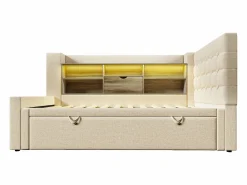ModernLuxe Sofá cama 90x200cm - con cama nido - con iluminación LED y espacio de almacenamiento - con USB - tejido de lino - ​ (colchón no incluido)
