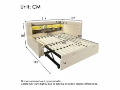 ModernLuxe Sofá cama 90x200cm - con cama nido - con iluminación LED y espacio de almacenamiento - con USB - tejido de lino - ​ (colchón no incluido)