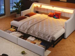 New ModernLuxe Sofá cama 90x200cm - con USB + Type-C - con iluminación LED - con 2 cajones - (sin colchón) Beige