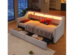 New ModernLuxe Sofá cama 90x200cm - con USB + Type-C - con iluminación LED - con 2 cajones - (sin colchón) Beige