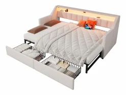 New ModernLuxe Sofá cama 90x200cm - con USB + Type-C - con iluminación LED - con 2 cajones - (sin colchón) Beige