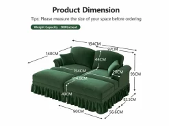 DripeX Sofá chesterfield 2 plazas en felpa - con 2 otomanas y 2 cojines - falda desmontable - 194x140x93cm