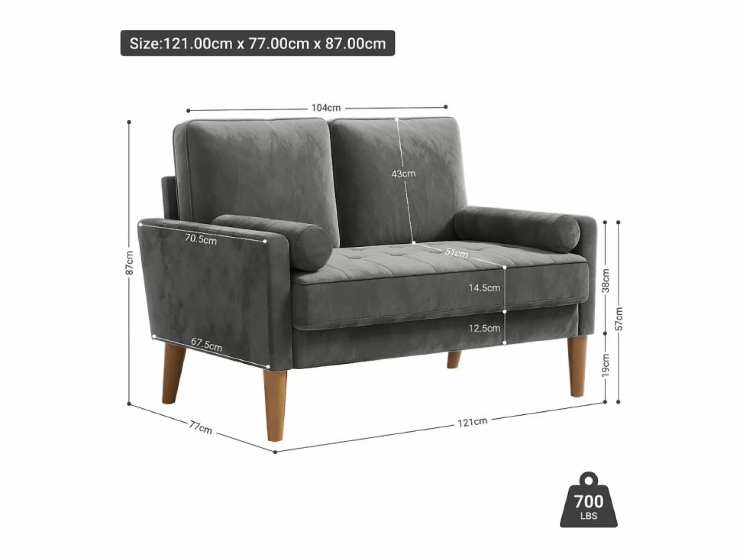Sofá con 2 escandinavos 2 plazas, mini sofá de brazo enrollado en terciopelo de loveseat, sillón de sala de estar con reposabrazos, 121x77x87cm - Todos Los Sofás|Sofá Escandinavo