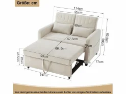 Outlet ModernLuxe Sofá convertible doble 114 x 77 x 82.5 cm - respaldo ajustable en tres niveles - tejido de algodón y lino - Beige