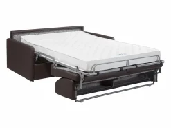 Vente-unique Sofá convertible polipiel marrón asiento viscoelástico 140 cm lamas anchas 18 cm CALIFE Marru00f3n