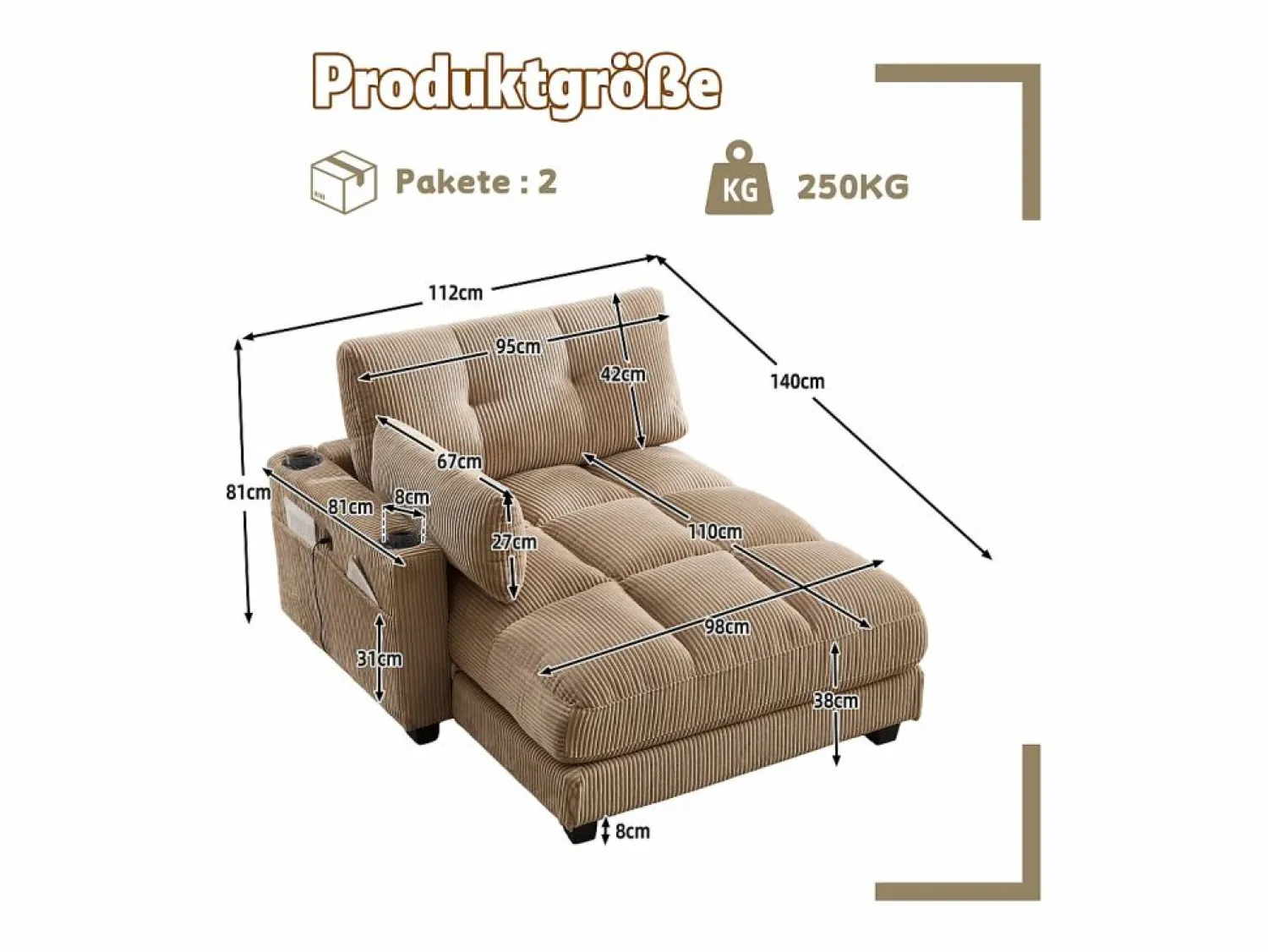Sofá de 1 plaza con reposabrazos - Sofá relax con 2 portavasos y bolsillos laterales - pana