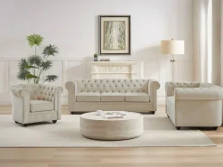 Vente-unique Sofá de 3 plazas, 2 plazas y sillón de terciopelo estilo CHESTERFIELD