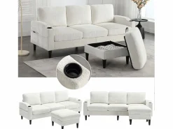 Outlet Merax Sofá de 4 plazas con reposapiés - 196,5 x 75 x 77 cm - con almacenaje + reposabrazos - terciopelo - Beige