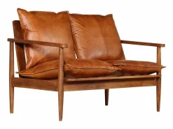 Sale Clicnbuy Sofá de 2 plazas cuero auténtico con madera de acacia marrón Marru00f3n