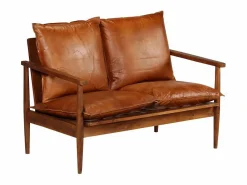 vidaxl Sofá de 2 plazas cuero auténtico con madera de acacia marrón