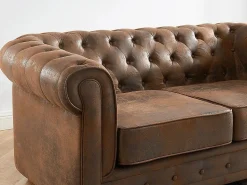 Hot Vente-unique Sofá de 2 plazas de microfibra con acabado de piel envejecida CHESTERFIELD Marru00f3n