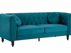 Best Vente-unique Sofá de 3+2 plazas de terciopelo verde azulado . Sofá capitoné con 2 cojines decorativos adicionales. Medidas: Ancho 190 x Prof. 77 x Alt. 79 cm. TURNER Azul verdoso
