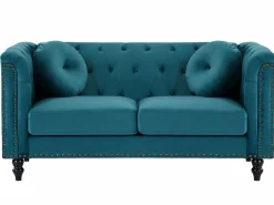 Best Vente-unique Sofá de 3+2 plazas de terciopelo verde azulado . Sofá capitoné con 2 cojines decorativos adicionales. Medidas: Ancho 190 x Prof. 77 x Alt. 79 cm. TURNER Azul verdoso