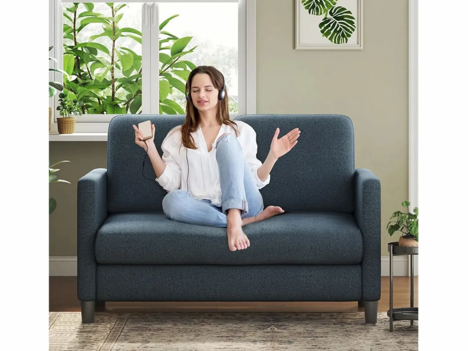 Clearance DripeX Sofá de 2 plazas de terciopelo de Teddy, con un asiento profundo de 55 cm y reposabrazos - 128x78x89cm Azul
