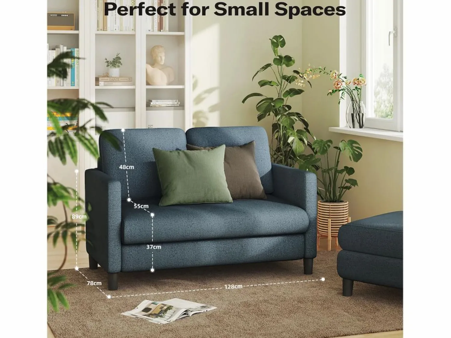 Clearance DripeX Sofá de 2 plazas de terciopelo de Teddy, con un asiento profundo de 55 cm y reposabrazos - 128x78x89cm Azul